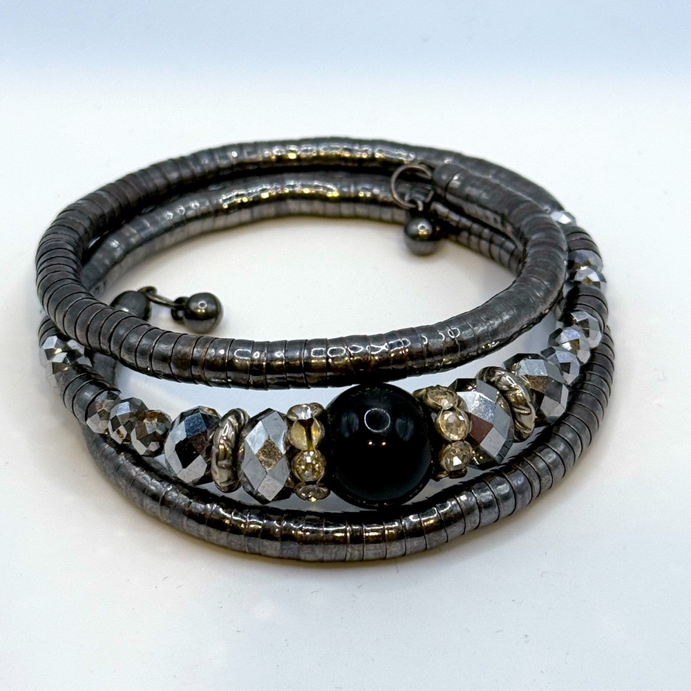 Black, Silver And Gold, Coil Bangle Bracelet